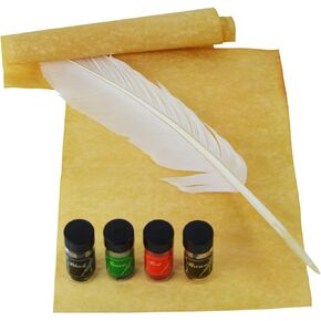 Treasure Gurus Antique Style Writing Desk Set - Feather Quill Nib Pen 4 Color Ink Inkwell Refill