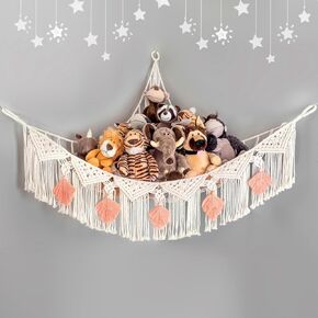 Kordory Stuffed Animal Net or Hammock Macrame Large Corner Netting Toy Storage with Boho Tassels, Handmade Hanging Net Toy Organizer for Nursery Kids Room Wall Decor