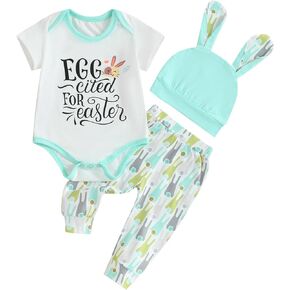 Newborn Baby Boy Girl Easter Day Clothes Set Short Sleeve Rabbit Romper Long Pants Hat My First Easter Outfits
