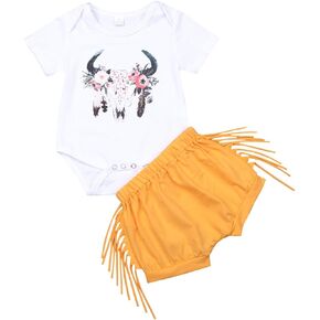 Toddler Kids Baby Girl Deer Short Sleeve Romper Shirt+Tassel Shorts Outfit Set