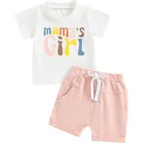 Kids Infant Toddler Baby Girl Summer Outfit Letter Printed Short Sleeve T-Shirt Tops and Solid Shorts Clothes 2PCS Set