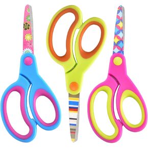 Kids Scissors Set of 3 pack, Safety Children Scissors, Craft Scissors with Blunt Tip Floral Print Blade and Soft Grip, Great for Home and School, Blue/Purple/Yellow