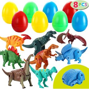 JOYIN 8 Pcs Easter Prefilled Hatching Eggs Filled with Deformable Transforming Dinosaur with Movable Joints for Easter Basket Stuffers, Kids Party Favors, Classroom Prize Supplies