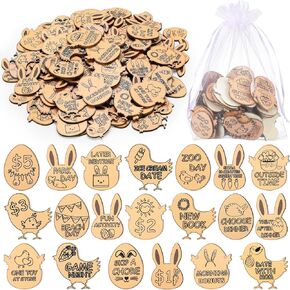 124 Pcs Easter Egg Tokens Set Includes 120 Pcs Wood Easter Reward Tokens with 20 Different Engraved Sayings 4 Pcs Organza Bags Easter Wooden Tokens with Gift Bag for Easter Party (4 Styles)