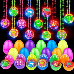 AMENON 12 Pcs Prefilled Easter Eggs with Toys Light Up Necklaces Easter Basket Stuffers, 12 Surprise Eggs Filled 12 Bunny Led Necklaces Glow in The Dark Egg for Kids Boys Girls Easter Hunt Party Gifts