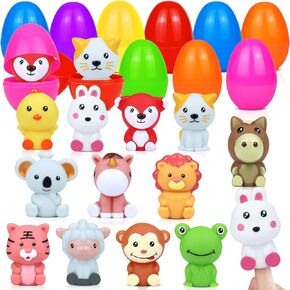 12Pcs Prefilled Easter Eggs with Egg Fillers Finger Puppets, Easter Basket Stuffers Gifts for Toddler Boys Girls Plastic Easter Eggs Filled with Toys Bulk Treats for Kids Party Favors Easter Egg Hunt