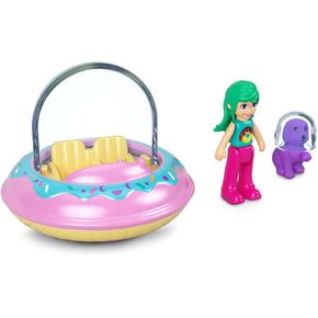 Polly Pocket Collectible Micro Mini Metal Vehicle, Poseable Doll and Pet Set - Polly's Friend Doll with Donut Theme UFO and Purple Puppy (with Space Helmet) Sidekick Playset
