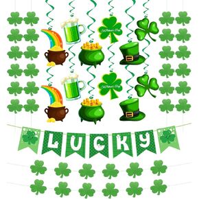 31Pcs St Patricks Day Decorations Pre-assembled Shamrock LUCKY Banner Garlands Clover Hanging Swirls Irish Decor for Home Saint Patrick Party Supplies