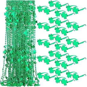 Loetere 40 Pcs St. Patrick's Day Accessories, Includes 20 Pcs Shamrock Bead Necklaces and 20 Pcs Clover Glasses, St Patrick's Day Necklaces and Eyeglasses Set for Party Favors Decorations Costume