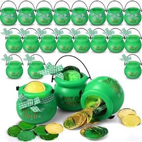 265 Pcs St Patrick's Day Cauldrons Set 24 Mini Cauldrons 240 Gold Green Plastic Small Ornaments Bulk Patricks Pot with Handle Ribbon St. Patrick Decoration Party Favors(Shamrock, Black)