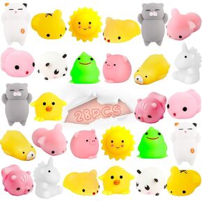 28 Pcs Mochi Squishies Toys Mini Stress Relief Cute Squishy Animals Toys for Kids Party Favors Birthday Gift Easter Basket Stuffers Easter Egg Fillers