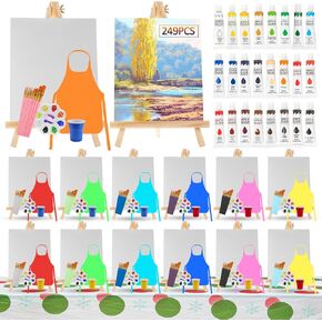 121 Pcs Art Painting Kit Supplies Set for Kids to Party - 60 Paint Brushes, 24 Acrylic Paints, 6 Wood Easels & Canvas Panels & Palettes & Aprons & Wash Pen Cup, 1 Plastic Tablecloth