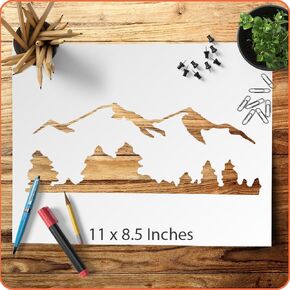 Mountain Stencil | 11x8.5 inch | Adventure Stencil | Nature Stencil | Mountains with Moon and Forest Stencil | Reusable Stencil - LIONX