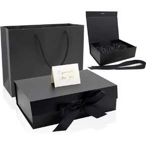 CIOUYAOS Black Gift Box with Lids, Large Ribbon Luxury Magnetic Packaging Box with Paper Bags, 2 Greeting Card and Shredded Paper Filler for Christmas Wedding Men Women Birthday Presents