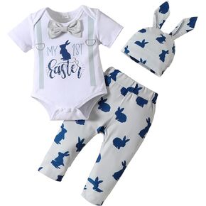 flower frail Baby Boy My 1st St.Patricks Easter Day Gentleman Outfit Bow Tie Romper Infant Clover Bunny Pant Sets +Hat 0-18M