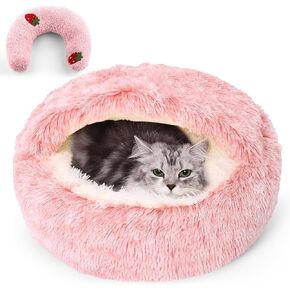 homelifthub Cat Cave Bed, Fluffy Calming Pet Bed with Pet Calming Pillow for Cats and Small Dogs, Round Hooded Bed for Indoor Cats and Small Dogs, Pet Sleeping Set 26x26 Inch (Pink)