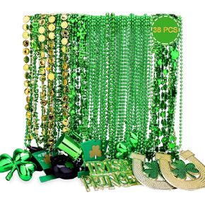 Hysagtek 38 قطعة من قلادات عيد القديس باتريك، 11 نوعًا من إكسسوارات خرز عيد القديس باتريك، خرز أخضر شامروك كوب البيرة عملات معدنية وقبعة بكميات كبيرة من أجل لوازم حفلات العرض in Kuwait