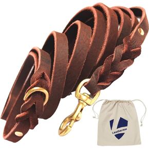 Braided Leather Dog Leash 10 Foot - Full Grain Heavy Duty Dog Leashes for Large Medium Small Dogs. 10 Ft Soft Leather Lead | Best for Training Hiking Walking Actual Size (Dark Brown)