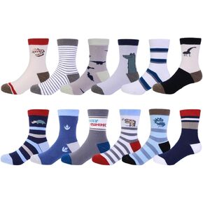 Toddler Boys Socks 12 Pairs Baby Crew Cotton Socks Boy Dinosaur Socks for 1-3T/3-5T/6-8Years School Little Kids