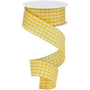 Primitive Gingham Check Wired Edge Ribbon, 10 Yards (Mustard, Ivory, 1.5 Inches)