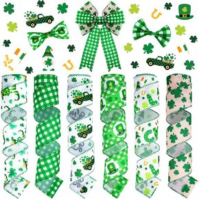 6 Rolls 30 Yards St. Patrick's Day Ribbon Wired Buffalo Plaid Checkered Ribbon Fabric Craft Irish Ribbon Green Shamrock Truck Fabric Ribbon for Party DIY Crafts 2 Inch (Shamrock)