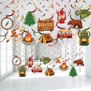 Sumind 30 Pieces Happy Camper Party Hanging Swirls, Camping Adventure Bears Sign Foil Swirls Ceiling Decorations Camping Theme Birthday Party Baby Shower Indoor Outdoor Decoration Supplies