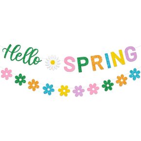 JOZON Hello Spring Banner and Flower Banner Colorful Glittery Spring Flower Banner Garland Spring Party Decorations for Indoor Outdoor Home Spring Easter Mantel Fireplace Hanging Decor