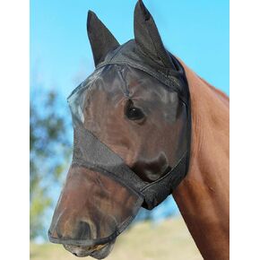 Horse Fly Mask with Long Nose and Ears, Full Face UV Protection for Horses, Smooth Fine Mesh Equine Fly Mask, L - Full