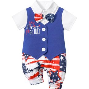 4th of July Baby Boy Outfit My First Gentleman Romper Jumpsuit Short Sleeve American Flag Onesie with Bow Tie