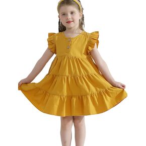 Little Girls Ruffle Sleeve Cotton Casual Dress Vintage Button Princess Party Dresses