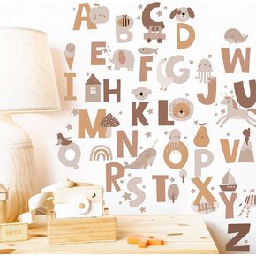 Alphabet Stickers Boho, ABC Wall Decals Kids, Nursery Alphabet Wall Décor Sticker Educational Classroom Peel & Stick Letters Stickers [>30 Neutral Animal Alphabet Wall clings] + Test Sample Included!