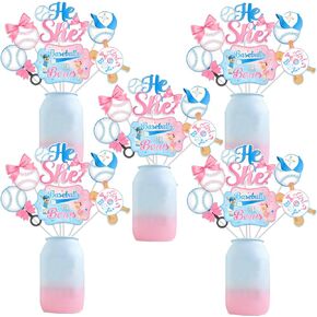 24pcs Baseball or Bows Gender Reveal Centerpieces Sticks Baseball and Bows Gender Reveal Party Supplies Pink and Blue Baseball Bow Table Toppers Baseball Table Centerpiece for Boy or Girl