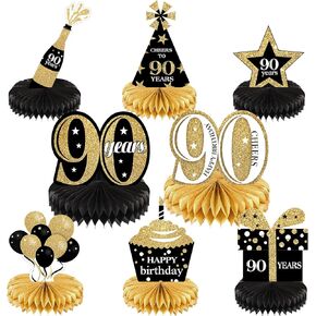 8 Pieces 90th Birthday Decorations Set, Happy 90th Honeycomb Centerpieces Table Toppers for Cheers to 90 Years Party Supplies Favors