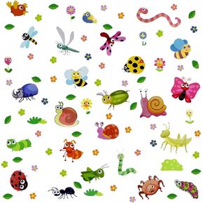 Maydahui Cartoon Insect Wall Decals Stickers (50 x 50 Inch) Butterfly Ant Flower Leaf Caterpillar Ladybug Dragonfly Mantis Snail Bird Little Bee Snake Cloud Butterfly DIY Removable Cute Animals Wall