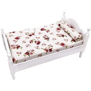 EatingBiting 1:12 Decorate Mini House Miniature Furniture Vintage Wooden Bed Red Floral Single 1/12 Retro Bed with Decor Accessory Delicate Doll House Furniture Miniature Role Playing Window Display