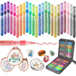 24-Color Glitter Acrylic Marker Pen Set, Glitter Paint Pens Drawing Markers, for Rocks Painting Phone Case Woods Stones Glass Ceremic Crafts