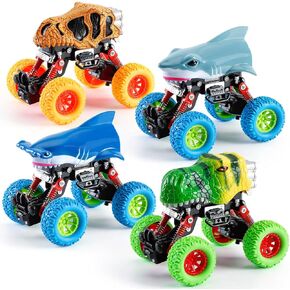 LODBY Monster Toys Trucks for Boy Age 3 4 5 6 7 8 - Shark Cars Dinosaur Toys for Toddler Boys Kids Birthday - Pull Back Cars Toys for 3-8 Year Old Boy Gifts - Friction Powered Monster Cars | 4 Pack