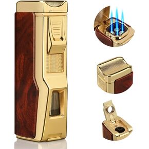 Kantion Torch Lighter, 4 Jet Flame Lighter Refillable Butane Lighter Windproof Lighter Gift for Men Women (Mahogany, Without Gas)