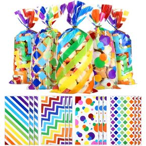 Kesote Rainbow Cellophane Treat Bags, 100 Pieces Printed Plastic Gift Goodie Candy Treat Bags with Ties for Summer Kids Birthday Party Favor Supplies