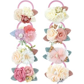 8 Pack Decorative Pearl Flower Hair Ties Rubber Bands Elastics Stretchy Floral Hair Scrunchies Pigtail Ponytail Holders for Baby Girls Infants Toddlers Kids Teens