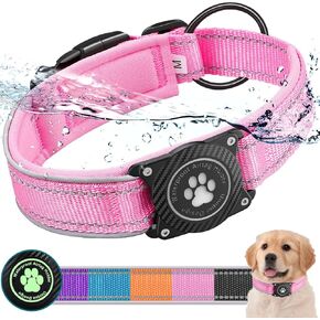 Airtag Dog Collar with Waterproof Air Tag Holder, Luminous Reflective, Soft Padded, Adjustable Nylon Pet Collar for Small Medium Large Heavy Duty Dogs,Black, L