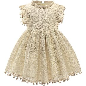 AGQT Baby Girl Tutu Dress Elegant Lace Pom Pom Flutter Sleeve Dress Szie 1-6T