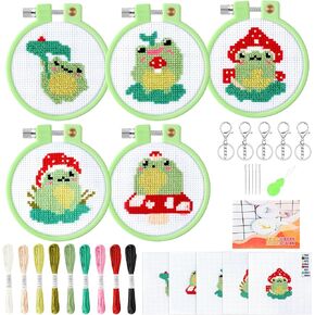 WATINC Beginners Embroidery Kits - 9PCS DIY Keychain with Mushroom Frog Cross Stitch Beginner Kit for Kids Needle Point Starter Kit Sewing Set with Instructions for Children Adults