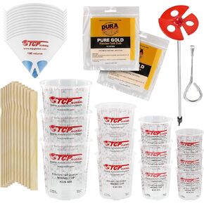 Ultimate Paint Mixing Cup Kit - 12 Plastic Graduated Mixing Cups, 3 Each of 12, 24, 44, 72 Ounce Sizes - 12 Mixing Sticks, 12 Paint Strainers, 2 Tack Cloths, Mixer Blade, Can Opener