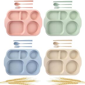 Nicunom 4 Pack Unbreakable Divided Plates, 5-Compartment Wheat Straw Tray Lunch Trays Section Plates for Toddlers kids Children Adults, Microwave Dishwasher Safe, BPA Free, 11 Inch