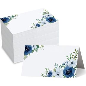 Whaline 100Pcs Floral Place Cards 3.5 x 2 Inch White Blue Tented Cards Watercolor Flower Seating Cards Blank Table Name Signs for Buffet Party Table Setting Supplies