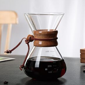 Pour Over Coffee Maker 400ml Double Layer Filter V Spout Wooden Sleeve Coffee Brewer Coffee Pot Borosilicate Glass Carafe Drip Coffee Maker for Home Cafe Party