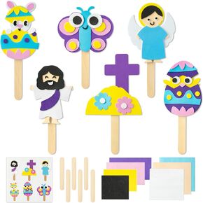 WATINC Easter Popstick Puppet Craft Kits - Set of 6 Ice-Cream Stick Puppets Foam Craft Kits for Kids, DIY Easter Story Time Toys Art Projects Crafts Birthday for Preschool Beginners