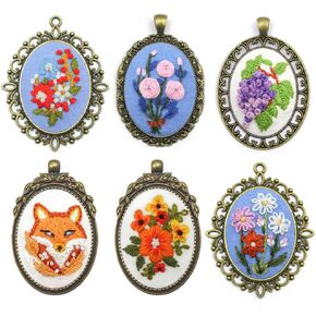ZuoAnLF 6 Pieces Embroidery Pendant Kit for Beginner,Embroidery Stitching Necklace,Embroidery Kit for Necklace & Earrings & Hand Sewing Jewelry & Creative Gifts (6PCS-2)