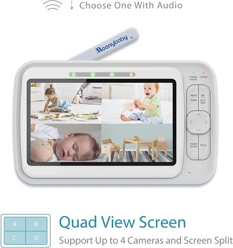 Moonybaby 5" HD A.N.R. (Auto Noise Reduce) Baby Monitor with Camera and Audio, Model: QuadView 30, No WiFi, 20 Days Battery Life in ECO Mode, Long Range, 2-Way Audio, Lullaby, Room Temperature Display in Kuwait